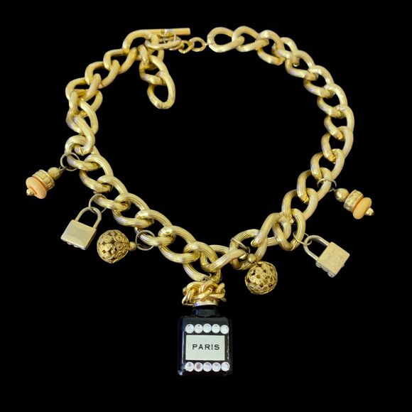 Vintage Gold-Tone Chunky Chain Necklace with Perfume Bottle, Locks & Beads Charm - Picture 2 of 6